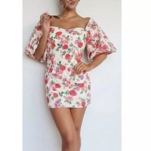 NWT ZARA WOMAN MINI FLORAL PRINT DRESS V-NECK PUFF SLEEVES ECRU L REF:2183 240